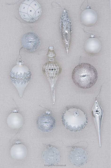 King of Christmas Winter Frost 15-Piece Glass Ornament Set (White-Silver) 82FF123 Accessories